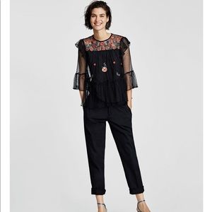ZARA- EMBROIDERED TULLE BLOUSE WITH RUFFLED TRIMS